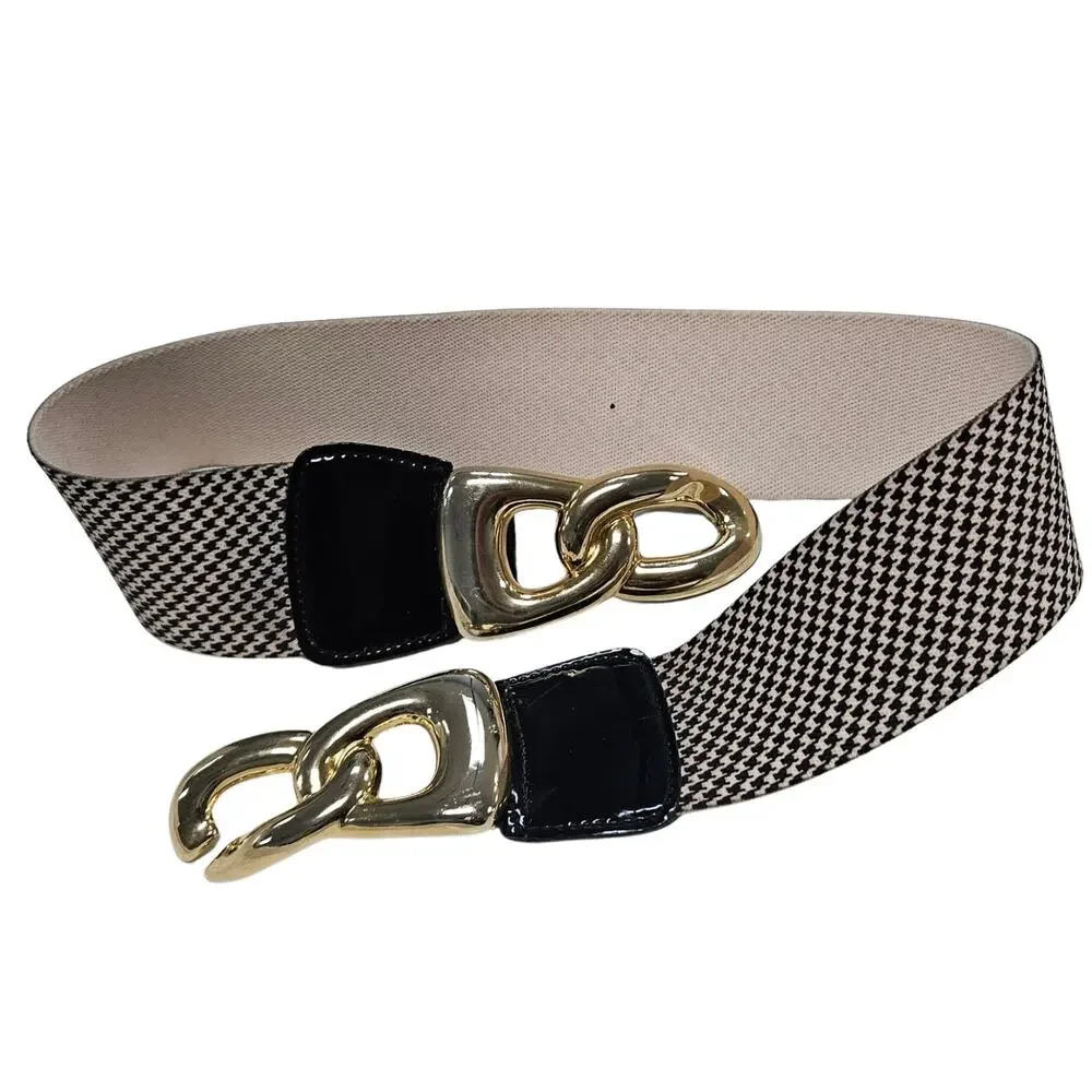 1980s Houndstooth Elastic High Waisted Belt Gold Chunky Buckle Patent Leather Sm